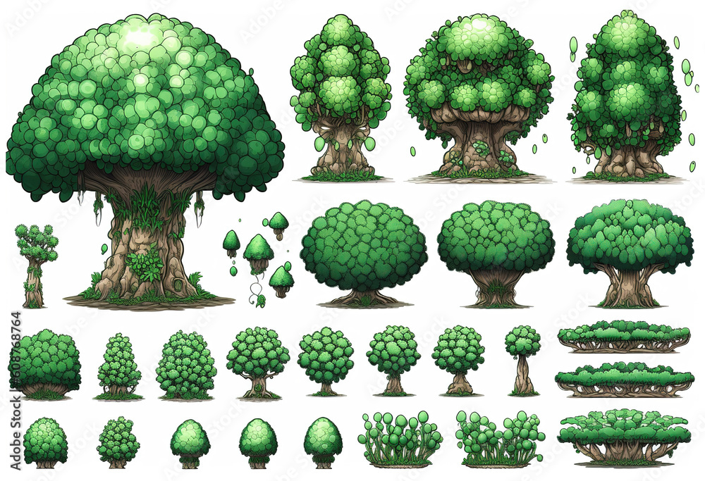 Poster drawing of trees isolated on white background. Generated by AI.