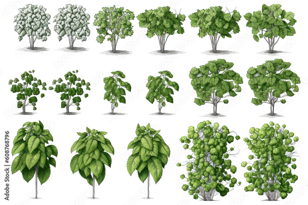 Poster drawing of trees isolated on white background. Generated by AI.