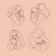 Abstract mother with a child in continuous one line drawing art style. Mother`s Day card. Woman hugging her baby. Happy motherhood concept. Modern vector illustration