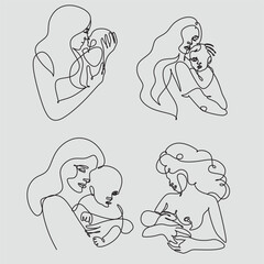 Abstract mother with a child in continuous one line drawing art style. Mother`s Day card. Woman hugging her baby. Happy motherhood concept. Modern vector illustration