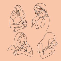 Abstract mother with a child in continuous one line drawing art style. Mother`s Day card. Woman hugging her baby. Happy motherhood concept. Modern vector illustration