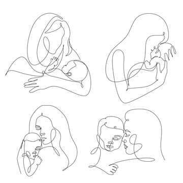 Minimalistic simple linear image of a mother holding a newborn baby. Line art draw Icon or logo. Postcard for congratulations on happy mothers day.