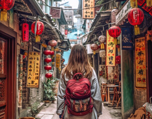 Young traveler woman alone in a narrow alley trying orientate. Travel concept.