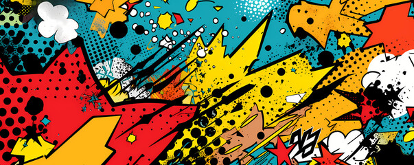 Abstract halftone comics background - Modern design shapes in pop colors banner - Generative AI