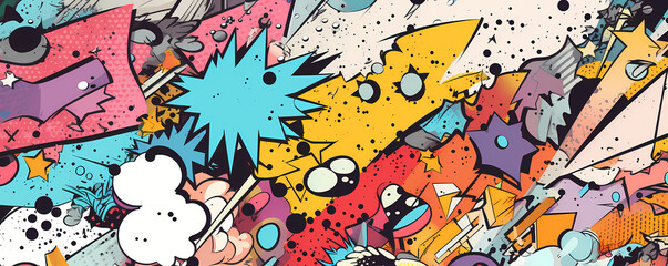 Naklejka premium Abstract halftone comics background - Modern design shapes in pop colors banner - Generative AI