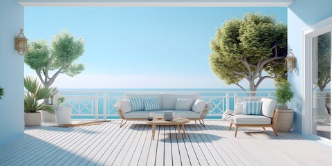 Fototapeta premium White terrace with a view of the ocean, generative ai