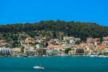 Argostolion town seafront panorama with low-rise buildings on the Ionian Island of Cephalonia Greece.