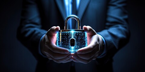 a business person holding a lock, representing financial data protection, Cyber security-themed, horizontal format, encryption, photorealistic in a JPG. 18:9 ratio aspect. Generative  AI