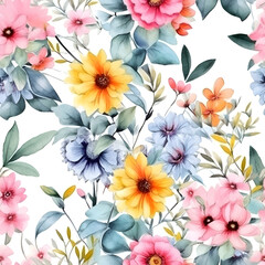 Fashion print with colorful abstract flowers,Watercolor seamless pattern with spring floral bouquets.