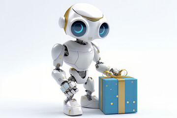 Naklejka premium A cute little robot place hand on the gift box isolated on white background, Generative AI