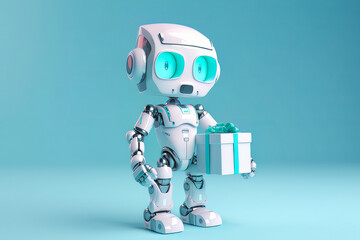 Naklejka premium Cute little robot holding a gift box in hand in front of the blue background, Generative AI