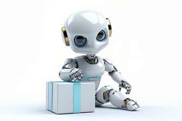 Cute little robot sitting with the gift box and placed a hand on the gift box, Generative AI