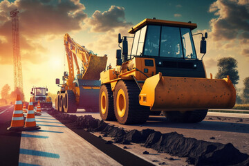 bustling road construction workers and the presence of heavy road construction machinery, creating a vibrant scene of highway construction site landscape. Generative AI