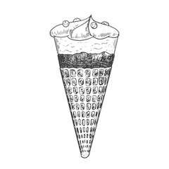 Ice cream sketch. Ice cream in waffle cone with chocolate topping and berries isolated on white background. Frozen dessert. Black and white gelato drawing with hatching.