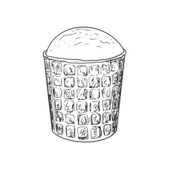 Ice cream sketch. Ice cream in waffle cup isolated on white background. Frozen dessert. Black and white gelato drawing with hatching.