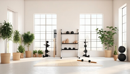 minimalist home gym with clean architecture and futuristic life style on white background. Generative IA