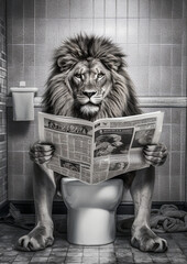 Lion sit on the toilet, leo sitting on the potty, restroom humor, black and white © Nastya Try