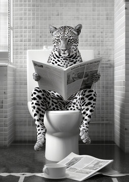 Leopard sit on the toilet, sitting on the potty, restroom humor, black and white