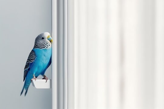 Budgerigar at Home: Bird at Home against a White Wall. Generative AI.