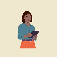 Vector illustration Portrait of a cheerful charming, confident girl holding tablet and smiling in the meeting
