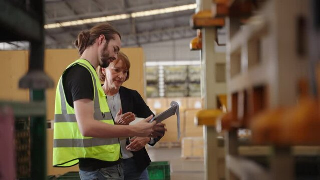 Businesswoman and worker discussing order and supply management