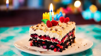 One Piece Of Multilayered Birthday Cake With Candles And Decorations On Blurred Background. Generative AI