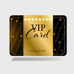  Vector illustration. VIP card, golden with golden stars and diamonds