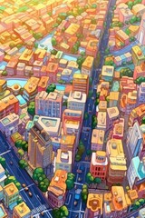 Cityscape quilted with colorful buildings and winding streets. Generative AI