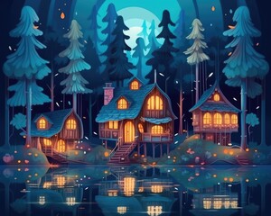 Obraz premium Tree trunks become fairy tale homes in enchanted forest at night. (Illustration, Generative AI)