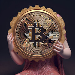Abstract elizabethan era person holding a giant gold bitcoin