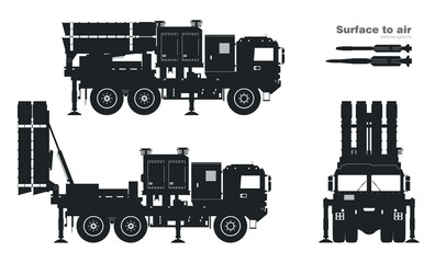 Black silhouette of air defense missile system. Surface to air rocket launcher drawing. Anti aircraft military vehicle. Front and side view of army truck. Industrial blueprint