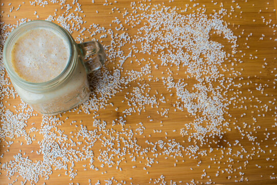Healthy and quick calcium rich Breakfast smoothie made with amaranth or ramdana and banana dates. No sugar shake for fast and healthy weight loss. selective focus on subject. 