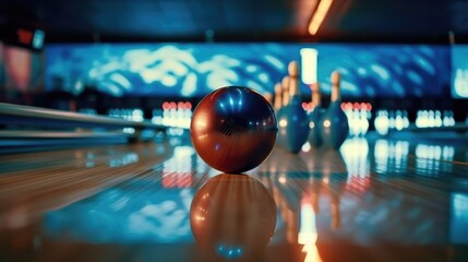 bowling ball and pins - obrazy, fototapety, plakaty