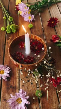 candles and flowers, candle, romantic, spa still life with candles and flowers, food, flower, spa, leaf, healthy, beauty, closeup, health, green, decoration, herb, salt, wellness, flowers, pink, candl