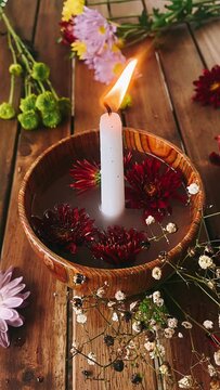 burning candle in a bowl, pa still life, lighting a candle, match, fire, spa still life with candles, red flowers, flower, spa, candle, beauty, aromatherapy, nature, health, wellness, flowers, pink, c