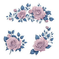 Elegant Pink and Blue Rose Watercolor Floral Collection for Wedding Invitation Ornament