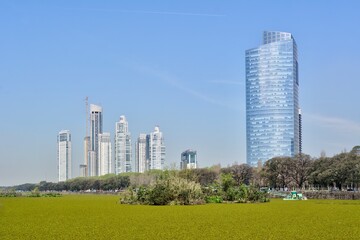 Photo of a skyscraper standing tall in the midst of a lush green field in Puerto Madero, Buenos...