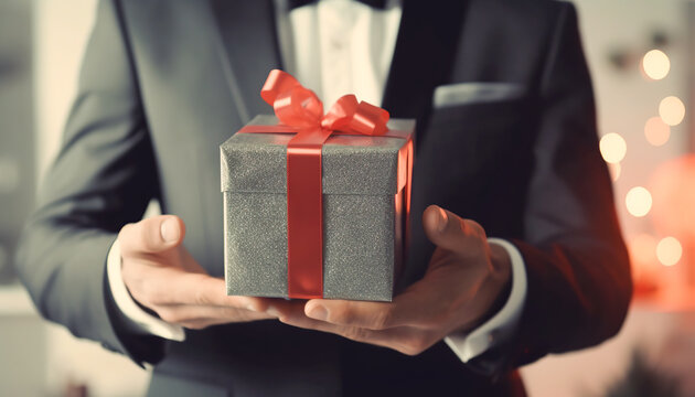 Elegant man wearing a suit handing over a gift. Generative IA