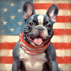 Adorable dog against national flag of United States of America