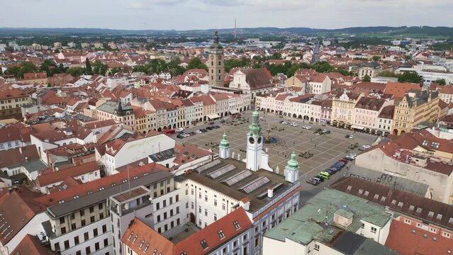 Czech Budweis square old town fountain tower Magic aerial top view flight drone