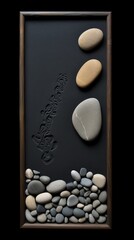 zen stones on a black background art frame decorative stones, sophisticated and delicate stones