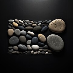 stones on the beach art frame decorative stones, sophisticated and delicate stones black background
