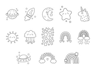 Adorable set of fully editable dreamy fantasy black and white illustrations perfect for coloring book. Illustration are inspired by universe, heaven and dreams.