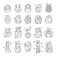 Adorable set of fully editable easter black and white illustrations perfect for coloring book.