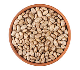 Colorful beans uncooked in clay pot isolated on white background, top view