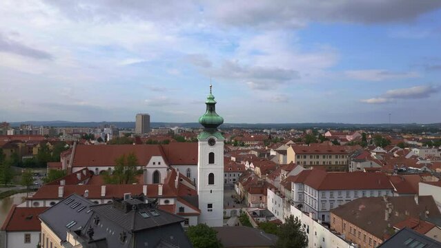 Budweis church tower Budejovice old town. Wonderful aerial top view flight drone
