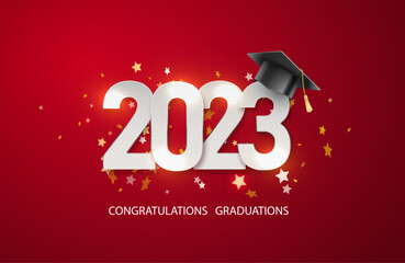 Class of 2023 badge design template. Congratulations graduates 2023 banner sticker card with academic hat for high school or college graduation. Vector.