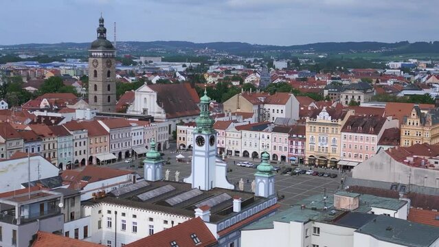 Budweis square town hall, bell tower. Spectacular aerial top view flight drone