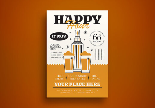 Yellow Flat Design Happy Hour Flyer Layout