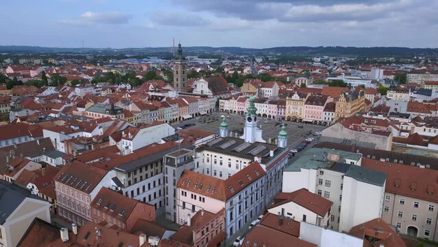 Budweis Budejovice old town square in Czech. Lovely aerial top view flight drone